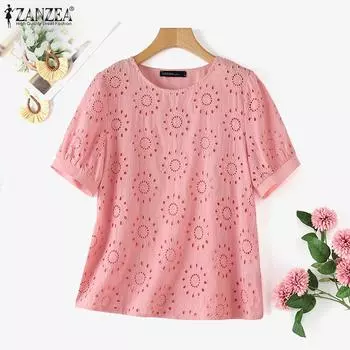 ZANZEA Женская повседневная блузка с круглым вырезом и короткими рукавами S розовый