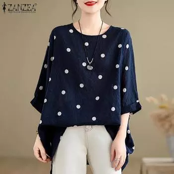 ZANZEA Женская повседневная блузка с круглым вырезом и рукавом 3/4, свободная, с принтом в горошек L бежевый