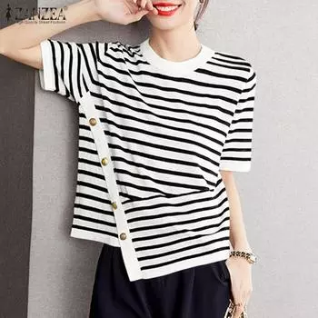 ZANZEA Женская повседневная блузка с круглым вырезом и коротким рукавом в полоску, свободная, с неровным подолом M красный