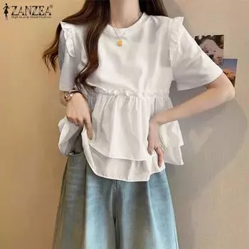 ZANZEA Женская повседневная блузка с круглым вырезом и оборками, с коротким рукавом и поясом M чёрный