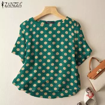 ZANZEA Женская повседневная блузка с круглым вырезом и коротким рукавом в горошек S зелёный