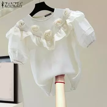 ZANZEA Женская повседневная блузка с круглым вырезом и короткими рукавами в цветочную полоску M чёрный