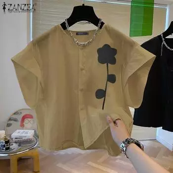 ZANZEA Женская повседневная блузка с круглым вырезом и коротким рукавом с цветочным принтом 2XL белый