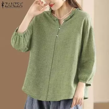 ZANZEA Женская повседневная блузка с круглым вырезом и клетчатым принтом, свободная, рукав 3/4 S зелёный