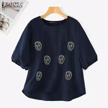 ZANZEA Женская повседневная блузка с круглым вырезом и коротким рукавом, свободная вышивка S белый