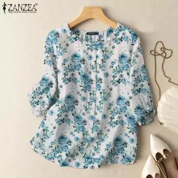 ZANZEA Женская повседневная блузка с круглым вырезом и цветочным принтом, рукавами 3/4 S розовый