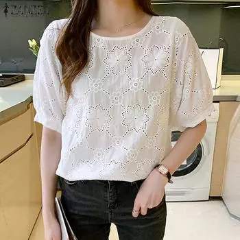ZANZEA Женская повседневная блузка с круглым вырезом и полым кружевом, связанная крючком с короткими рукавами S белый