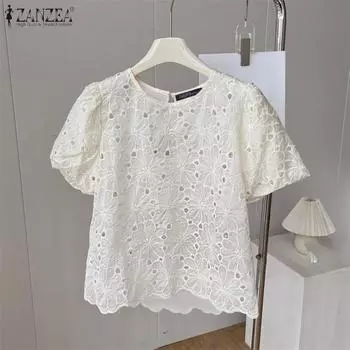 ZANZEA Женская повседневная блузка с круглым вырезом и короткими рукавами