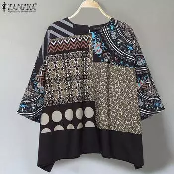 ZANZEA Женская повседневная блузка с круглым вырезом и рукавом 3/4 в горошек S чёрный