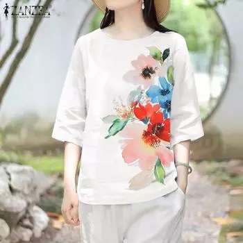 ZANZEA Женская повседневная блузка с круглым вырезом и коротким рукавом с цветочным принтом S белый