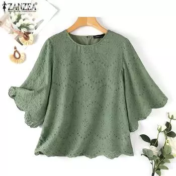 ZANZEA Женская повседневная блузка с круглым вырезом и полыми рукавами S зелёный