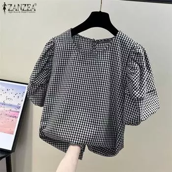 ZANZEA Женская повседневная блузка с коротким рукавом и клетчатым принтом S синий