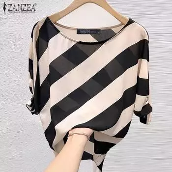 ZANZEA Женская повседневная блузка с круглым вырезом и короткими рукавами в полоску S чёрный