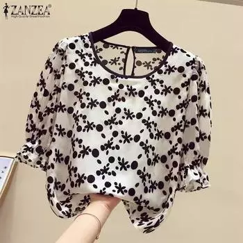 ZANZEA Женская повседневная блузка с круглым вырезом и коротким рукавом с цветочным принтом M зелёный