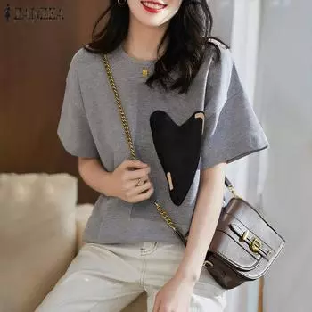 ZANZEA Женская повседневная блузка с круглым вырезом и коротким рукавом с принтом в виде сердца S чёрный