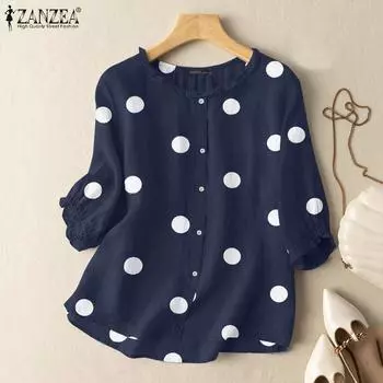 ZANZEA Женская повседневная блузка с круглым вырезом и принтом в горошек, рукав 3/4 S темно-синий