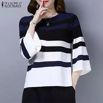 ZANZEA Женская повседневная блузка с круглым вырезом в полоску и лоскутным узором, рукав 3/4 S синий