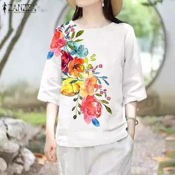 ZANZEA Женская повседневная блузка с круглым вырезом и коротким рукавом с цветочным принтом S белый