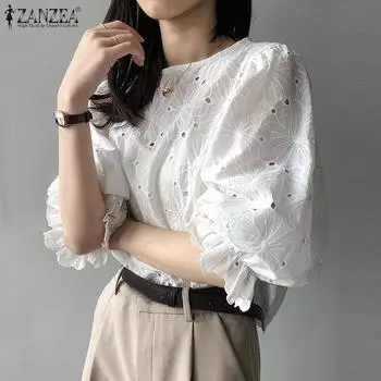 ZANZEA Женская повседневная блузка с круглым вырезом и рукавами 3/4, вязаная крючком XL чёрный