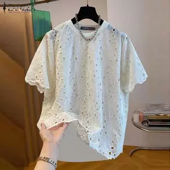 ZANZEA Женская повседневная блузка с круглым вырезом и короткими рукавами, кружевная вязка крючком
