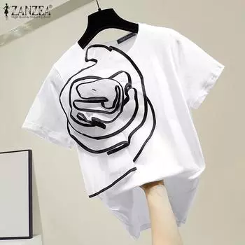 ZANZEA Женская повседневная блузка с круглым вырезом и коротким рукавом с трехмерным цветочным принтом S чёрный