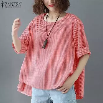 ZANZEA Женская повседневная блузка с круглым вырезом и клетчатым принтом, с коротким рукавом