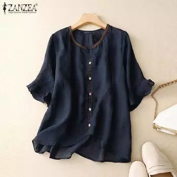 ZANZEA Женская повседневная блузка с круглым вырезом и рукавом 3/4 контрастного цвета S темно-синий