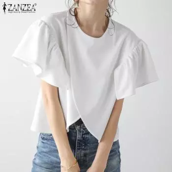 ZANZEA Женская повседневная блузка с круглым вырезом и короткими рукавами с разрезом 4XL чёрный