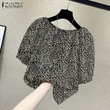 ZANZEA Женская повседневная блузка с круглым вырезом и цветочным принтом до половины рукава M жёлтый