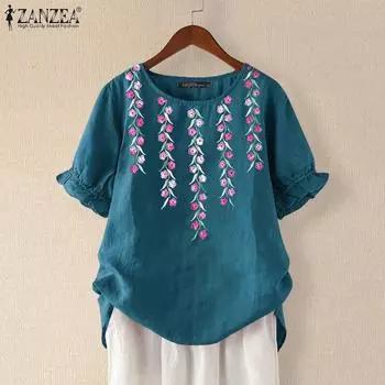 ZANZEA Женская повседневная блузка с круглым вырезом и короткими рукавами с вышивкой S синий