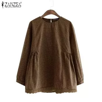 ZANZEA Женская повседневная блузка с круглым вырезом и длинным рукавом в клетку с кружевным подолом S чёрный