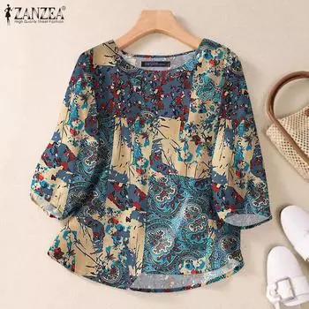 ZANZEA Женская повседневная блузка с круглым вырезом и рукавом 3/4 из хлопка с принтом S синий