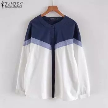 ZANZEA Женская повседневная блузка с круглым вырезом и длинным рукавом в стиле пэчворк S жёлтый