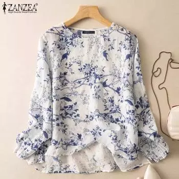 ZANZEA Женская повседневная блузка с круглым вырезом и принтом, свободная, с длинным рукавом M синий