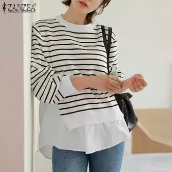 ZANZEA Женская повседневная блузка с круглым вырезом в полоску в стиле пэчворк с длинным рукавом XL белый
