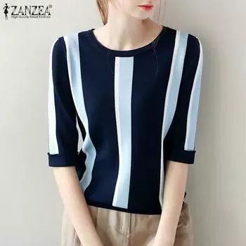 ZANZEA Женская повседневная блузка с круглым вырезом в полоску и принтом до половины рукава M