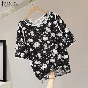 ZANZEA Женская повседневная блузка с круглым вырезом и цветочным принтом, свободная, с коротким рукавом S чёрный