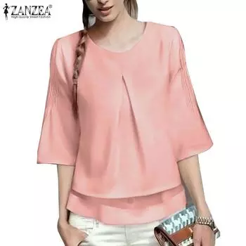 ZANZEA Женская повседневная блузка с круглым вырезом и рукавом 3/4 в стиле пэчворк S розовый