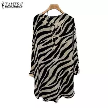 ZANZEA Женская повседневная блузка с круглым вырезом и принтом зебры с длинным рукавом S синий