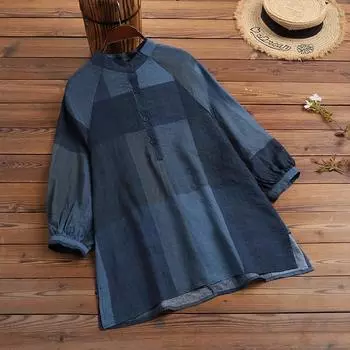 ZANZEA Женская повседневная блузка с круглым вырезом и половиной рукавов в клетку с принтом 3XL тёмно-синий