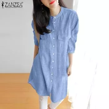 ZANZEA Женская повседневная блузка с круглым вырезом и рукавом 3/4 в полоску S зелёный