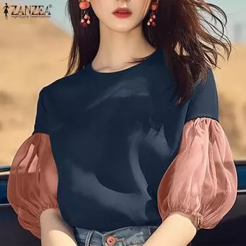 ZANZEA Женская повседневная блузка с круглым вырезом и рукавом 3/4 в стиле пэчворк S темно-синий