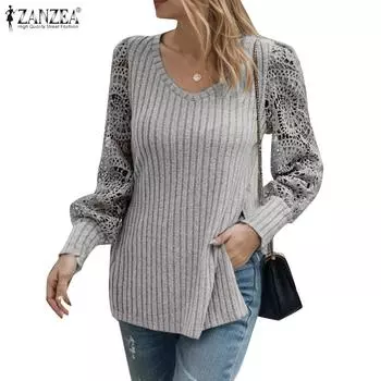 ZANZEA Женская повседневная блузка с круглым вырезом и кружевом, вязанная крючком, с длинным рукавом S серый