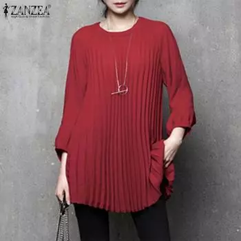 ZANZEA Женская повседневная блузка с круглым вырезом и длинным рукавом, свободная, плиссированная S красный