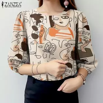 ZANZEA Женская повседневная блузка с круглым вырезом и рукавами 3/4 в стиле ретро с принтом S чёрный