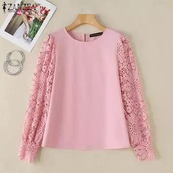 ZANZEA Женская повседневная блузка с круглым вырезом и кружевом, вязанная крючком, с длинным рукавом S белый
