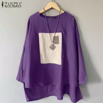 ZANZEA Женская повседневная блузка с круглым вырезом и длинным рукавом в стиле пэчворк 4XL