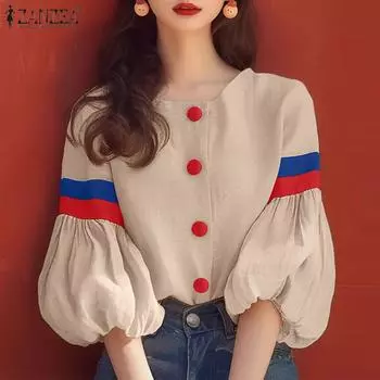 ZANZEA Женская повседневная блузка с круглым вырезом и рукавом 3/4 в стиле пэчворк M бежевый