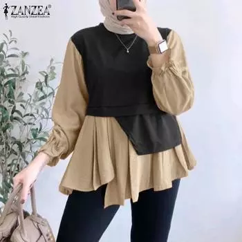 ZANZEA Женская повседневная блузка с круглым вырезом и длинным рукавом в стиле пэчворк 5XL хаки