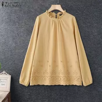 ZANZEA Женская повседневная блузка с круглым вырезом и длинным рукавом, кружевная вязка крючком 2XL чёрный